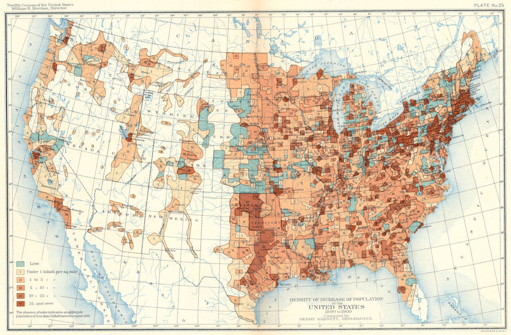 USA. Density of increase population US 1890 to 1900 1900 old antique map chart