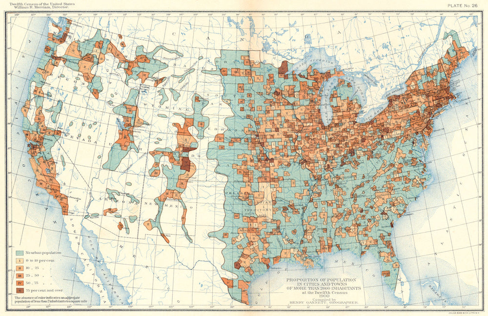 USA. Proportion of population in cities & towns 2000+ Inhabitants  1900 map