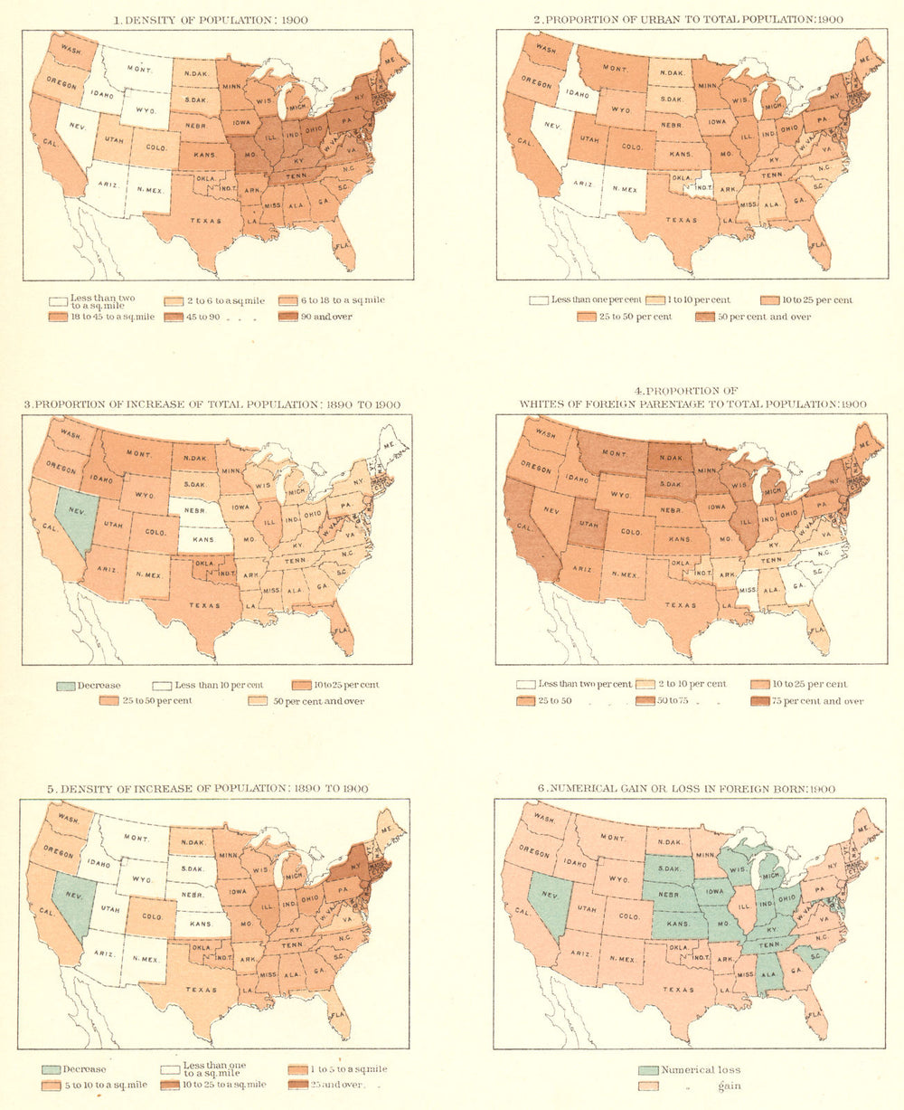 USA. Population. Density; urban; growth; immigrants; 1890-1900 1900 old map