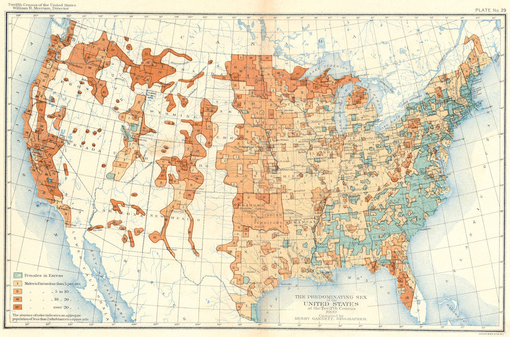 USA. Predominating sex of US at 12th Census  1900 old antique map plan chart