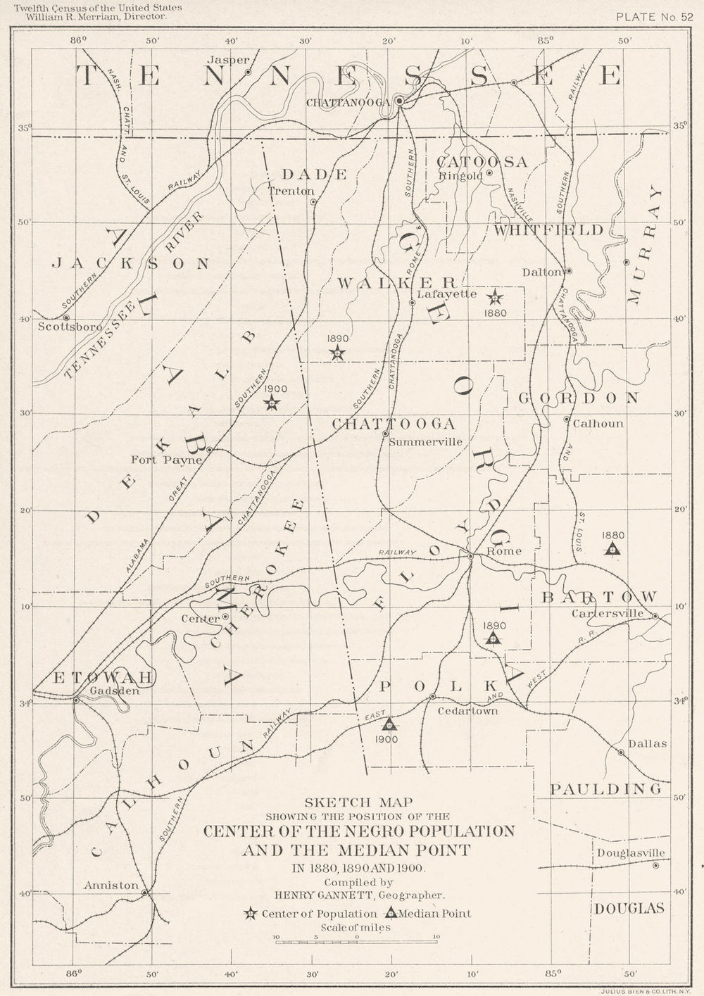 USA. TN. map position center Negro population Median Pt 1880, 1890 1900