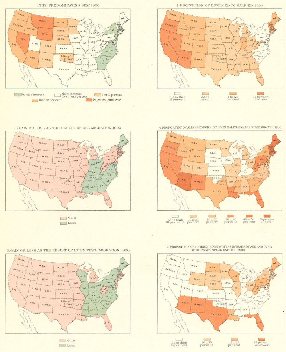 USA. Predominant sex; marital status; migration; immigration; language 1900 map
