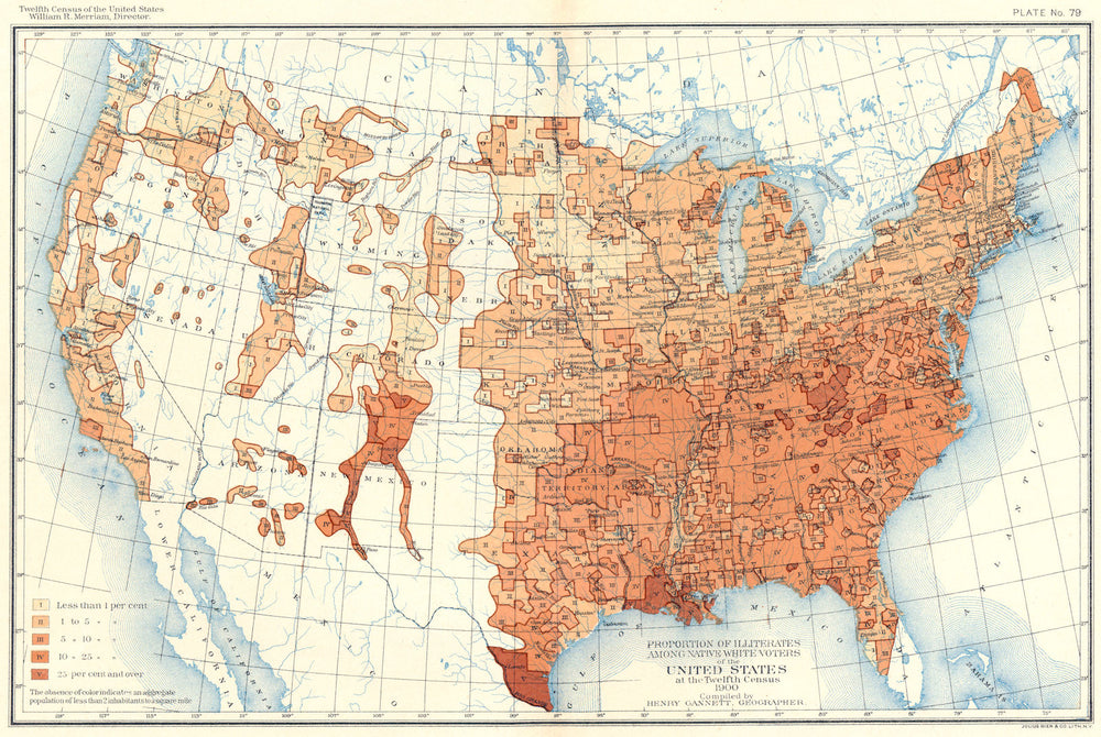 USA. % Illiterates among native White voters US 12th census  1900 old map