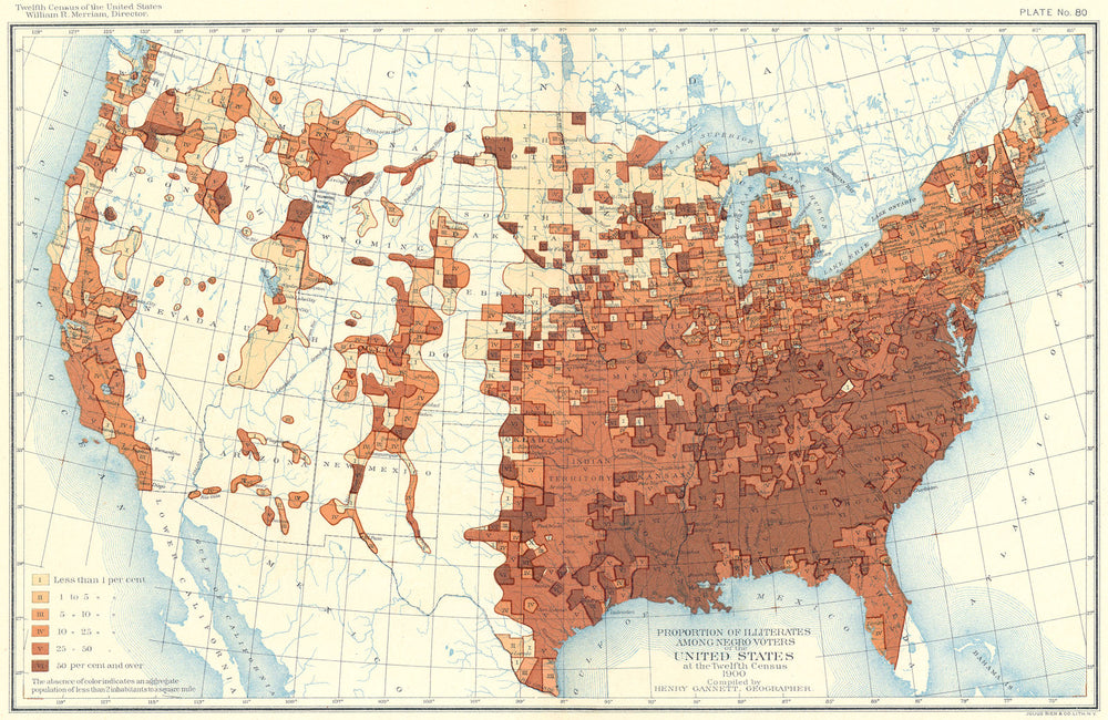 USA. % Illiterates among negro voters US 12th census  1900 old antique map