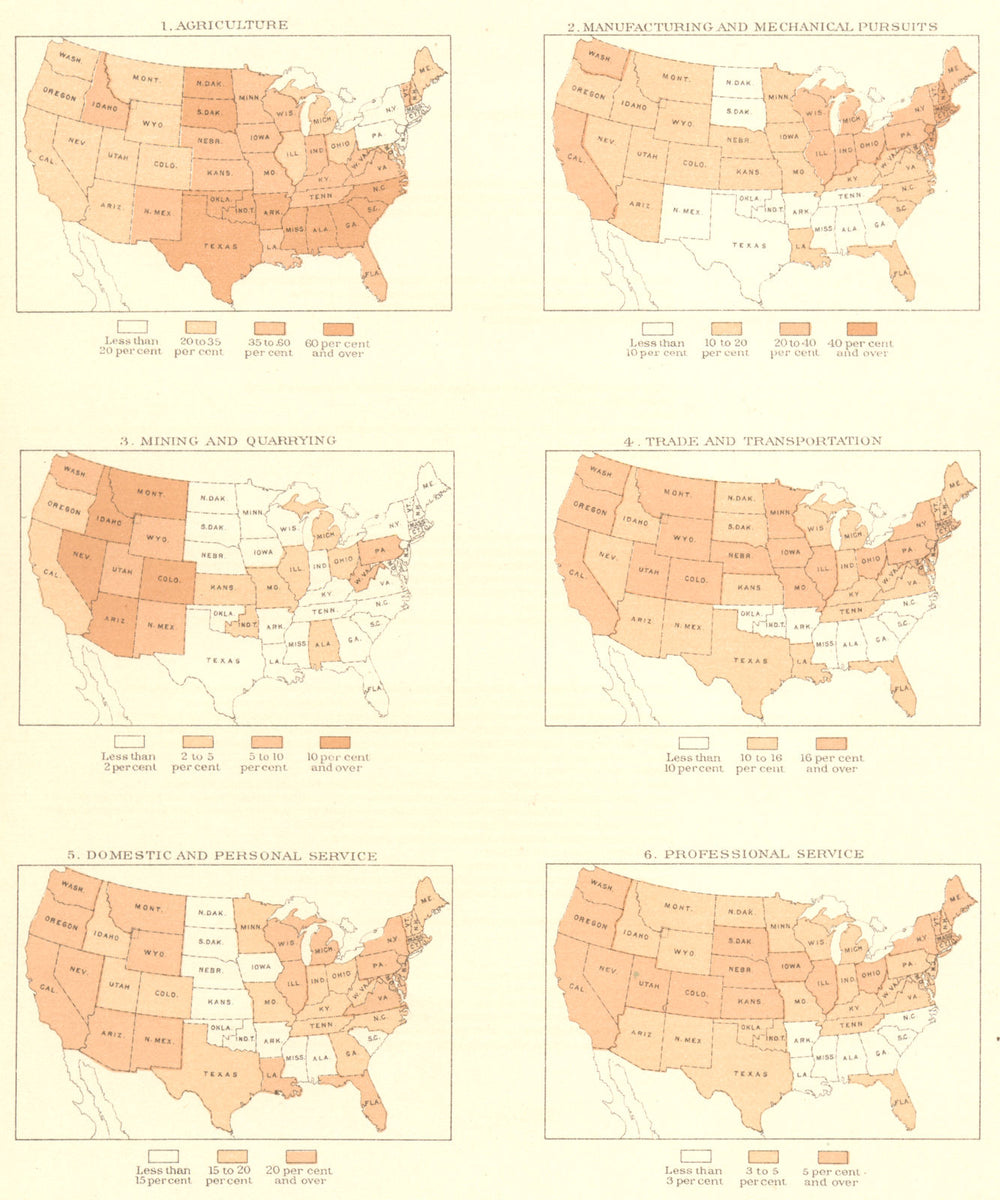 USA. Employment, . Farming; Manufacturing; Resources; Trade; services 1900 map