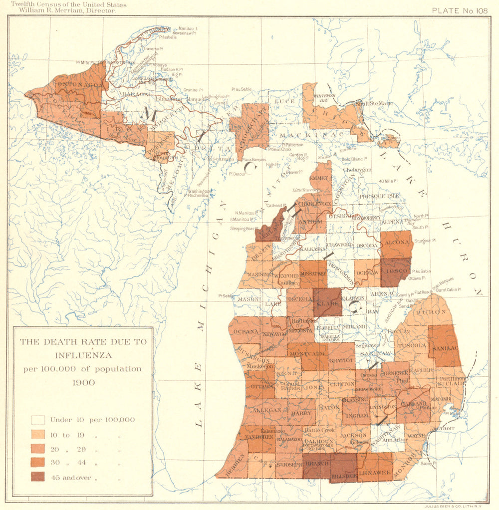 USA. Death rate due to Influenza per 100, 000 of population  1900 old map