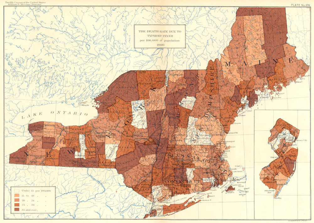 USA. Death rate due to Typhoid fever per 100, 000 of population  1900 old map