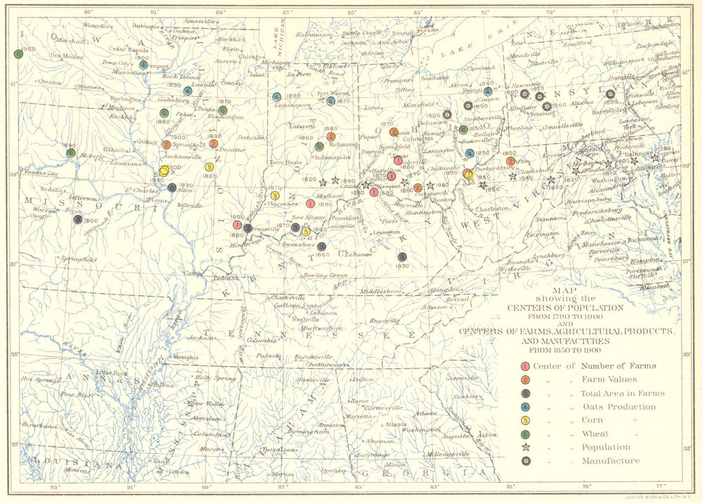 USA. IA OH PA WV. Center population, farms, agriculture 1790-1900 1900 old map