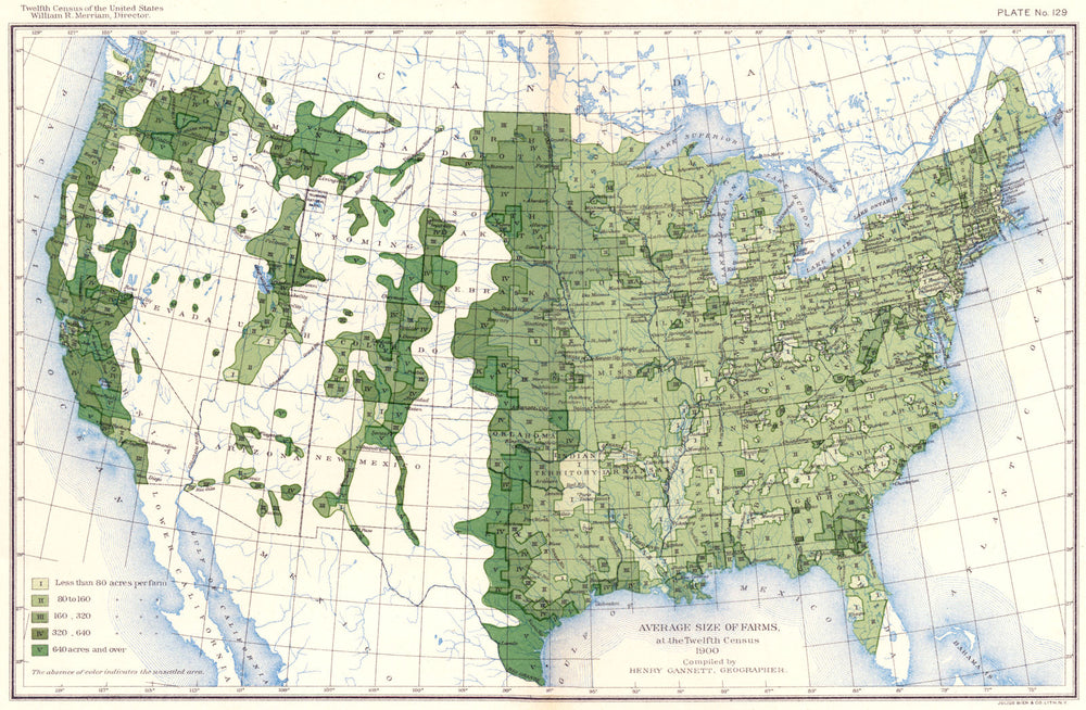 USA. Average size of farms at the twelfth census  1900 old antique map chart