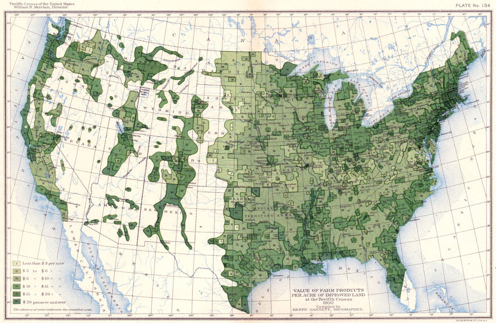 USA. Value of farm products per acre improved land at 12th census  1900 map