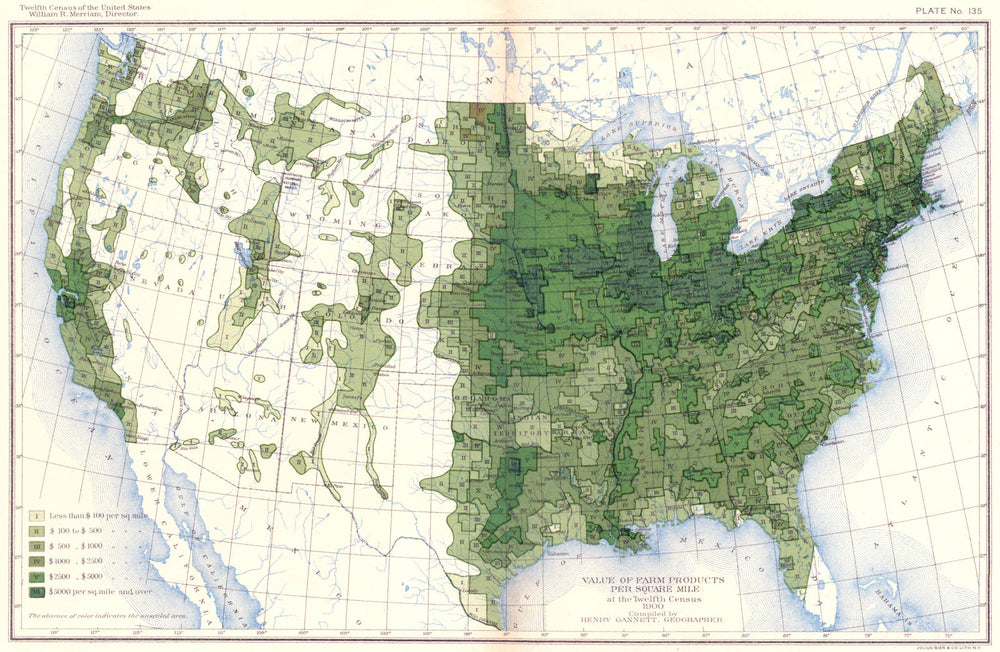 USA. Value of farm products / sq mile at 12th census  1900 old antique map