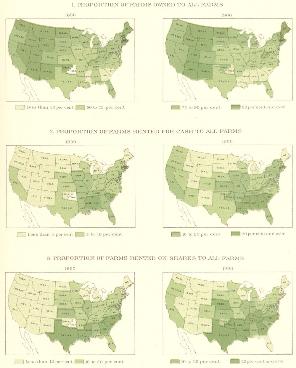 USA. Proportion of farms owned rented  1900 old antique vintage map plan chart