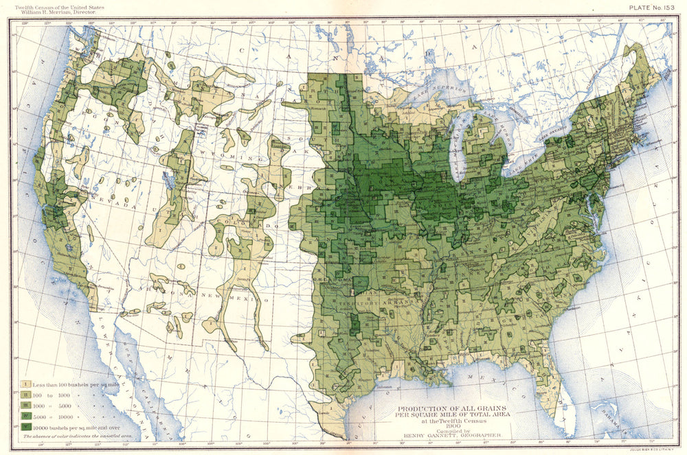 USA. Production of all grains / sq mile total area at 12th census  1900 map