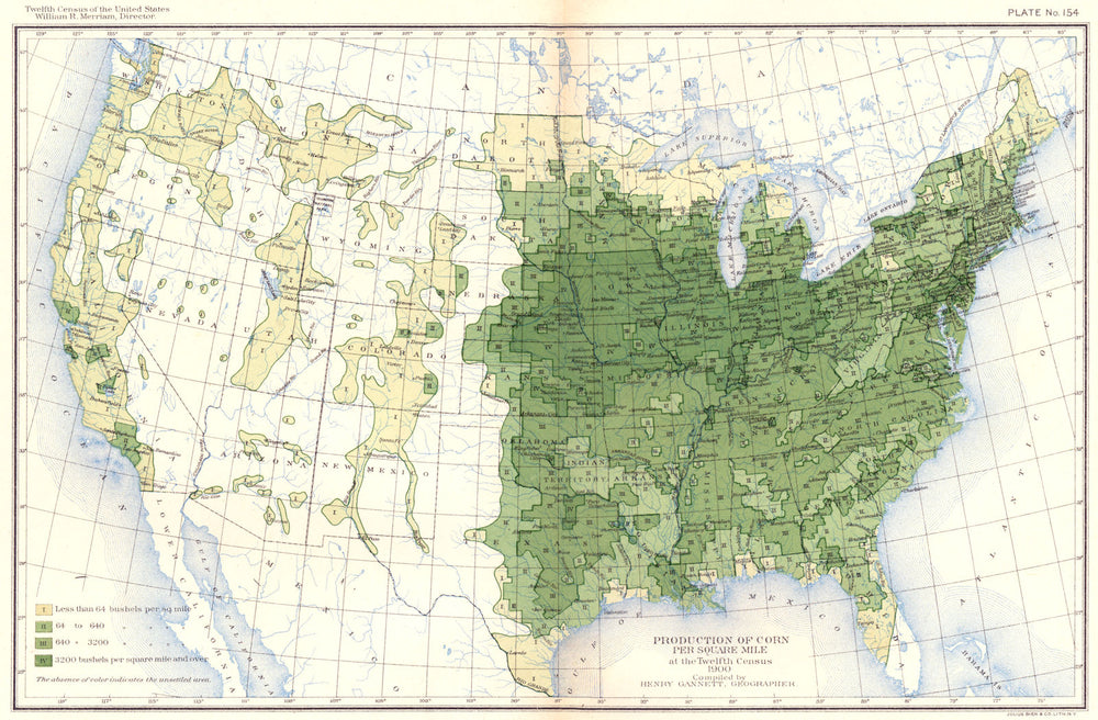 USA. Production of corn / sq mile at 12th census  1900 old antique map chart