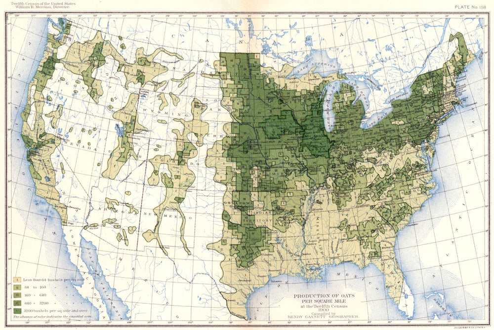 USA. Production of Oats / sq mile at 12th census  1900 old antique map chart