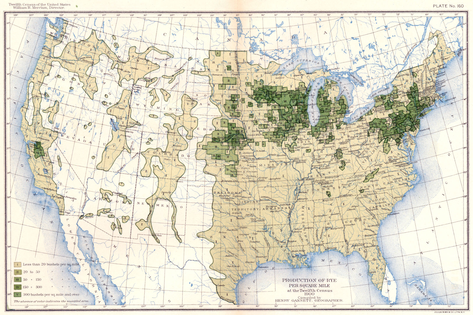 USA. Production of Rye / sq mile at 12th census 1900 old antique map ...