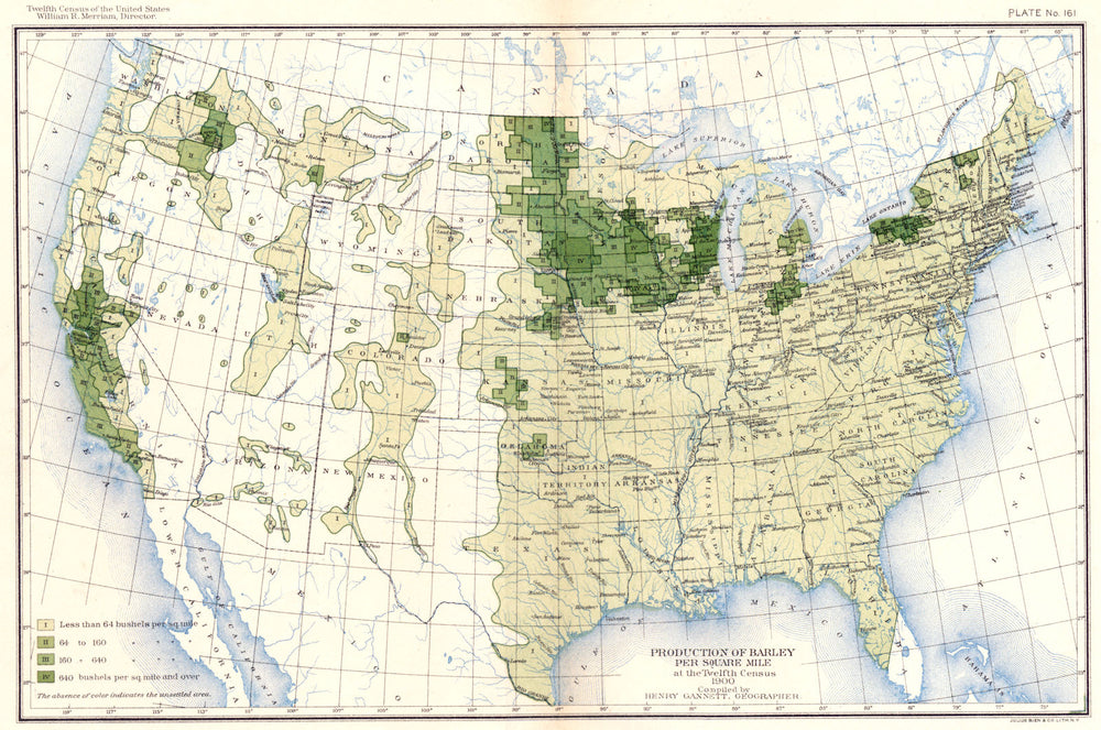 USA. Production of barley / sq mile at 12th census  1900 old antique map chart