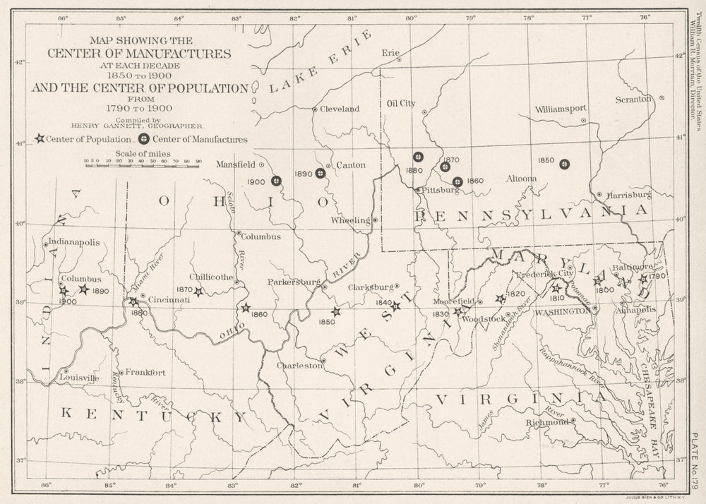 USA. PA WV OH MD VA KY. Map center manufacturing, population-1790-1900 1900