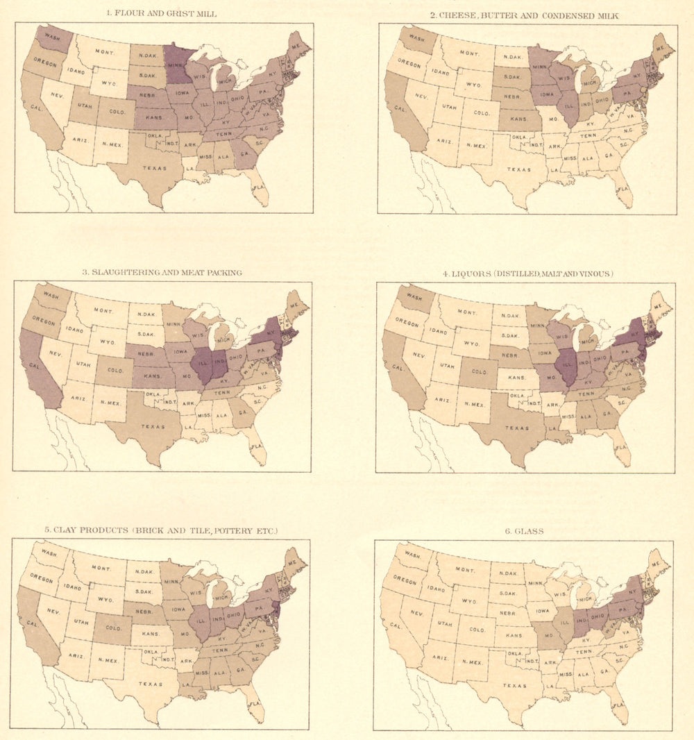USA. Output density. Flour; Dairy; Livestock; Liquor; Clay; Glass,  1900 map