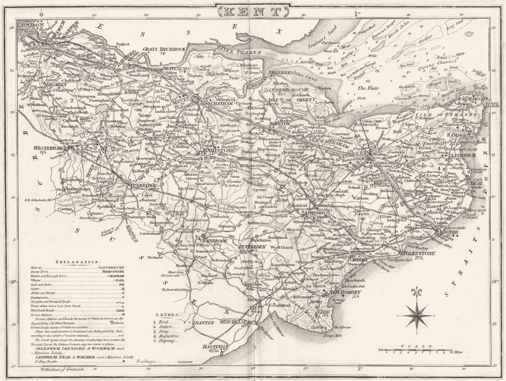 KENT. County map. Polling places. Coach roads. DUGDALE 1845 old antique