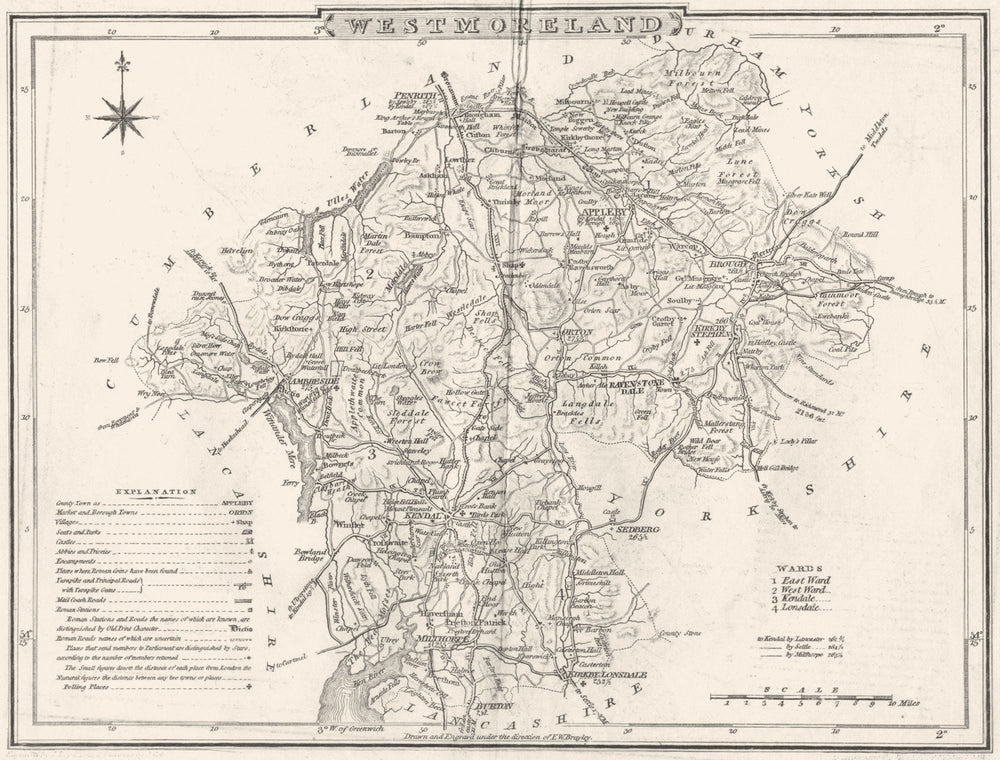 WESTMORLAND. County map. Polling places. Coach roads. DUGDALE 1845 old
