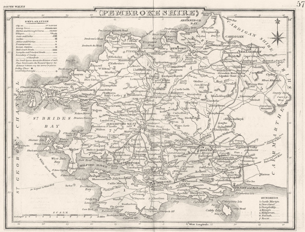PEMBROKESHIRE. County map. Polling places. Coach roads. DUGDALE 1845 old