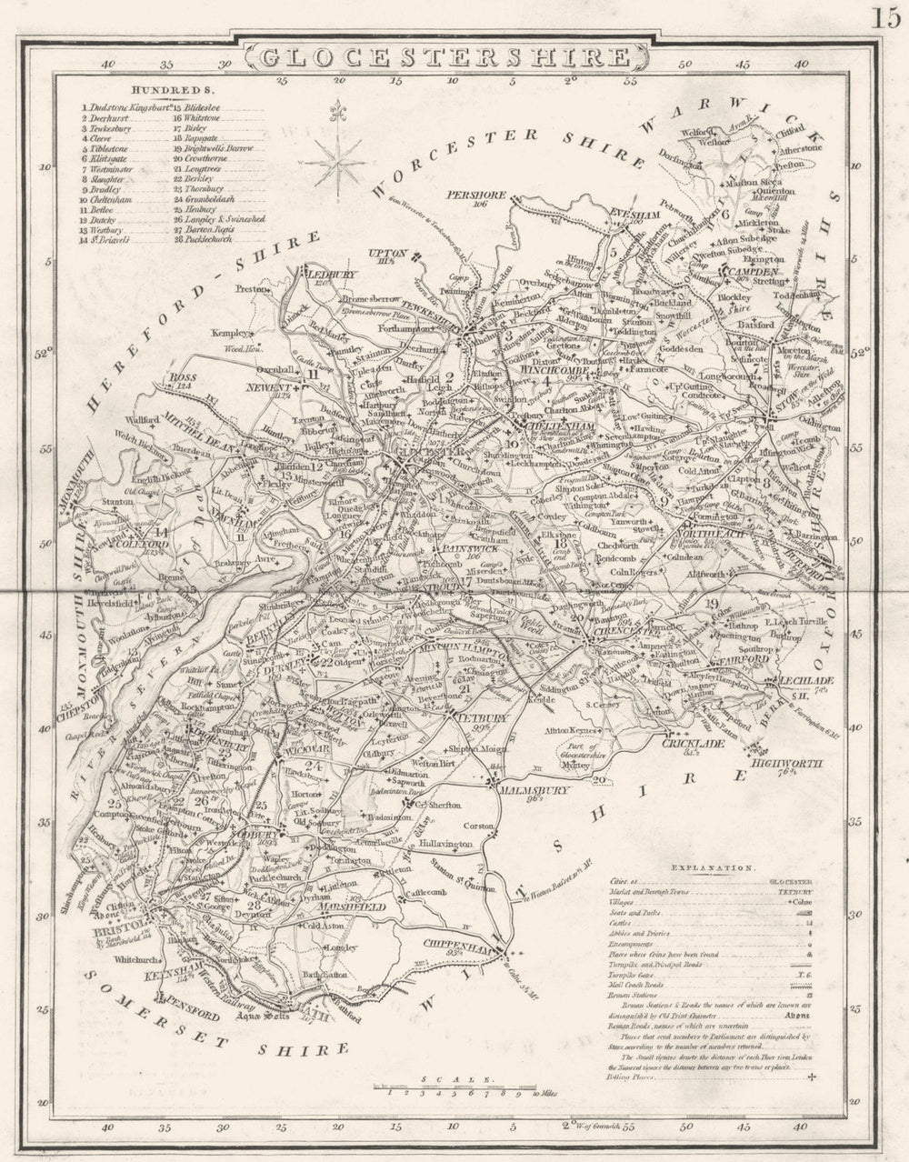 GLOUCESTERSHIRE. County map. Polling places. Coach roads. DUGDALE 1845 old