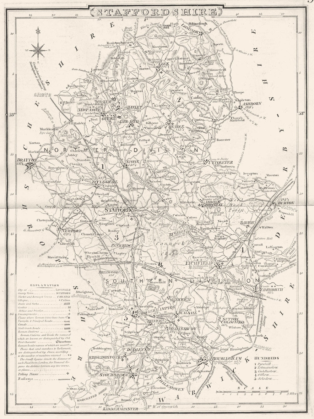STAFFORDSHIRE. County map. Polling places. Coach roads. DUGDALE 1845 old