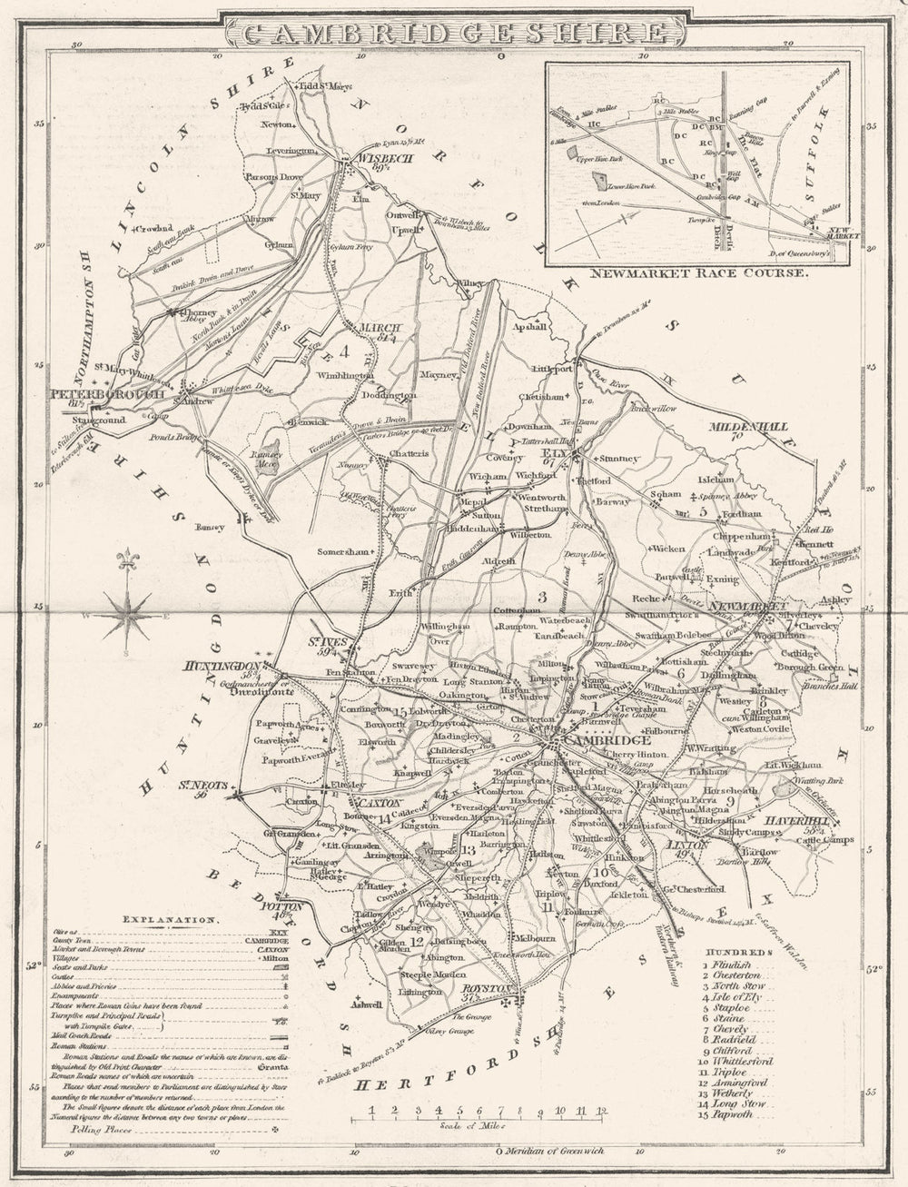 CAMBRIDGESHIRE. County map. Polling places. Coach roads. DUGDALE 1845 old