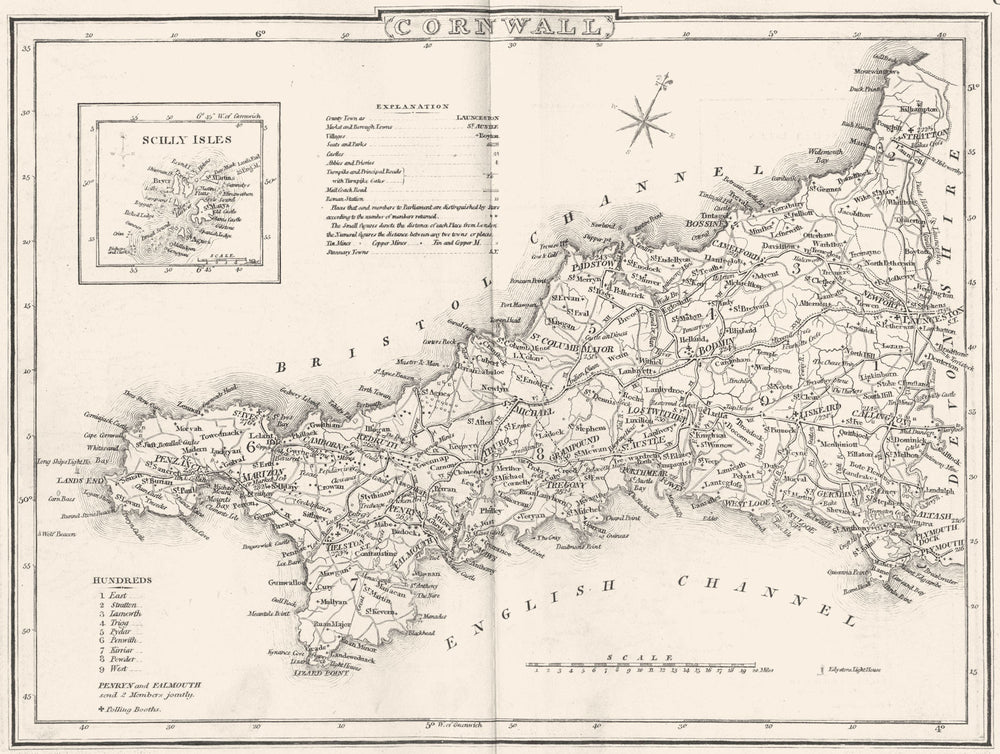 CORNWALL. County map. Polling places. Coach roads. DUGDALE 1845 old