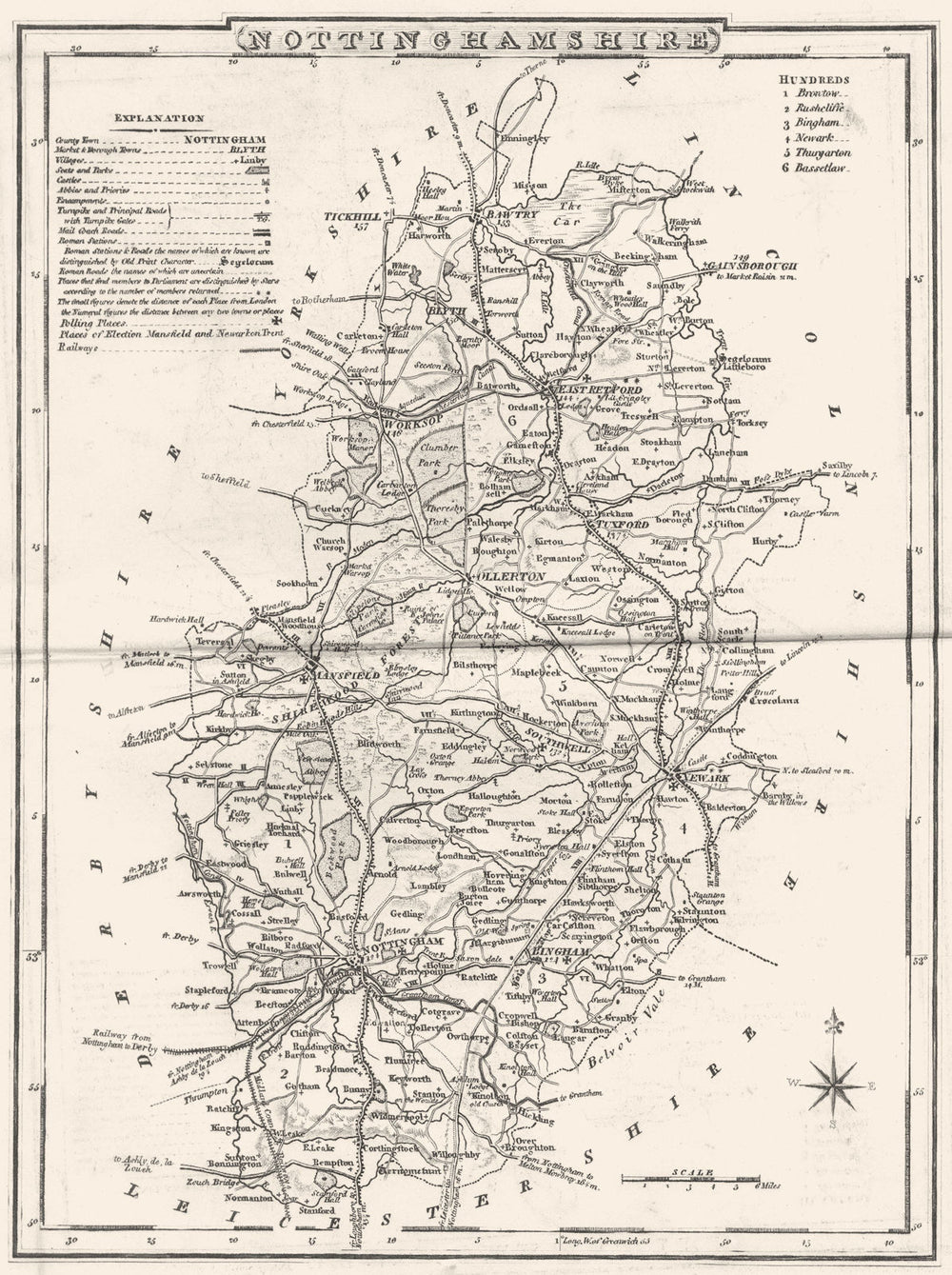 NOTTINGHAMSHIRE. County map. Polling places. Coach roads. DUGDALE 1845 old