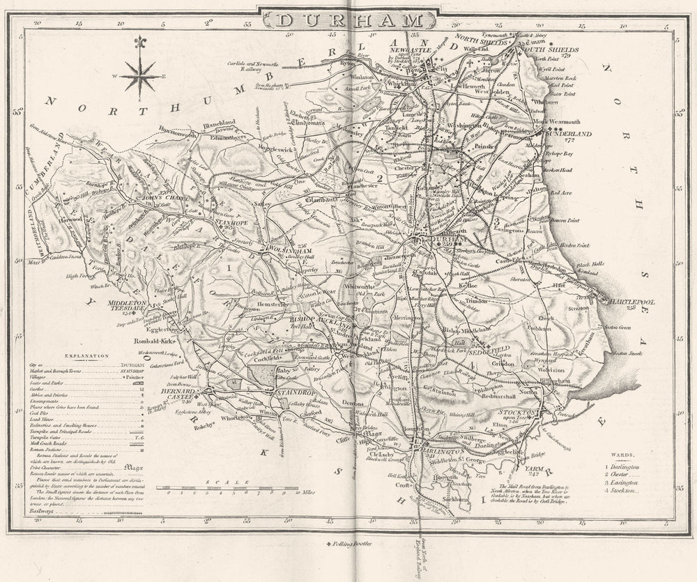 DURHAM. County map. Polling places. Coach roads. DUGDALE 1845 old antique