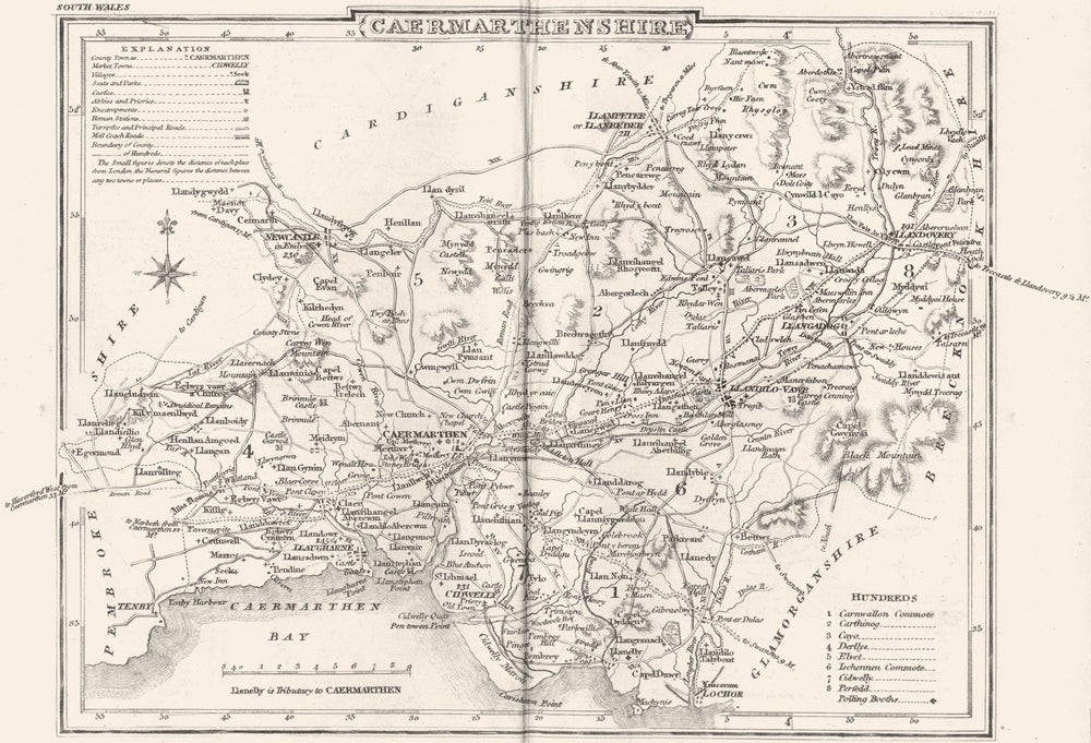 CARMARTHENSHIRE. County map. Polling places. Coach roads. DUGDALE 1845 old