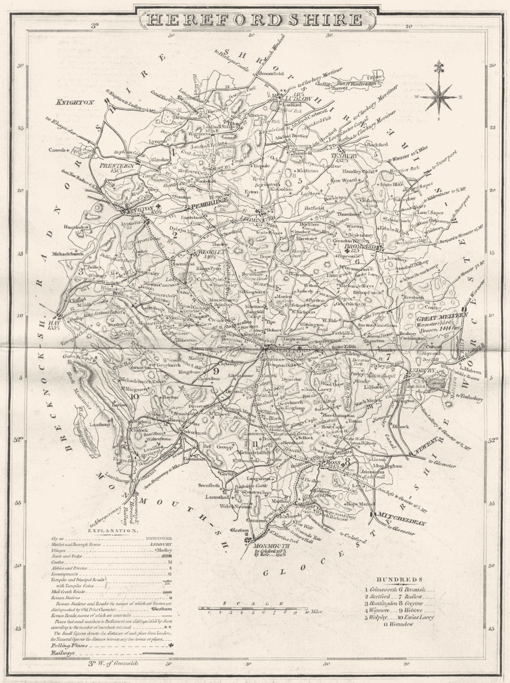 HEREFORDSHIRE. County map. Polling places. Coach roads. DUGDALE 1845 old