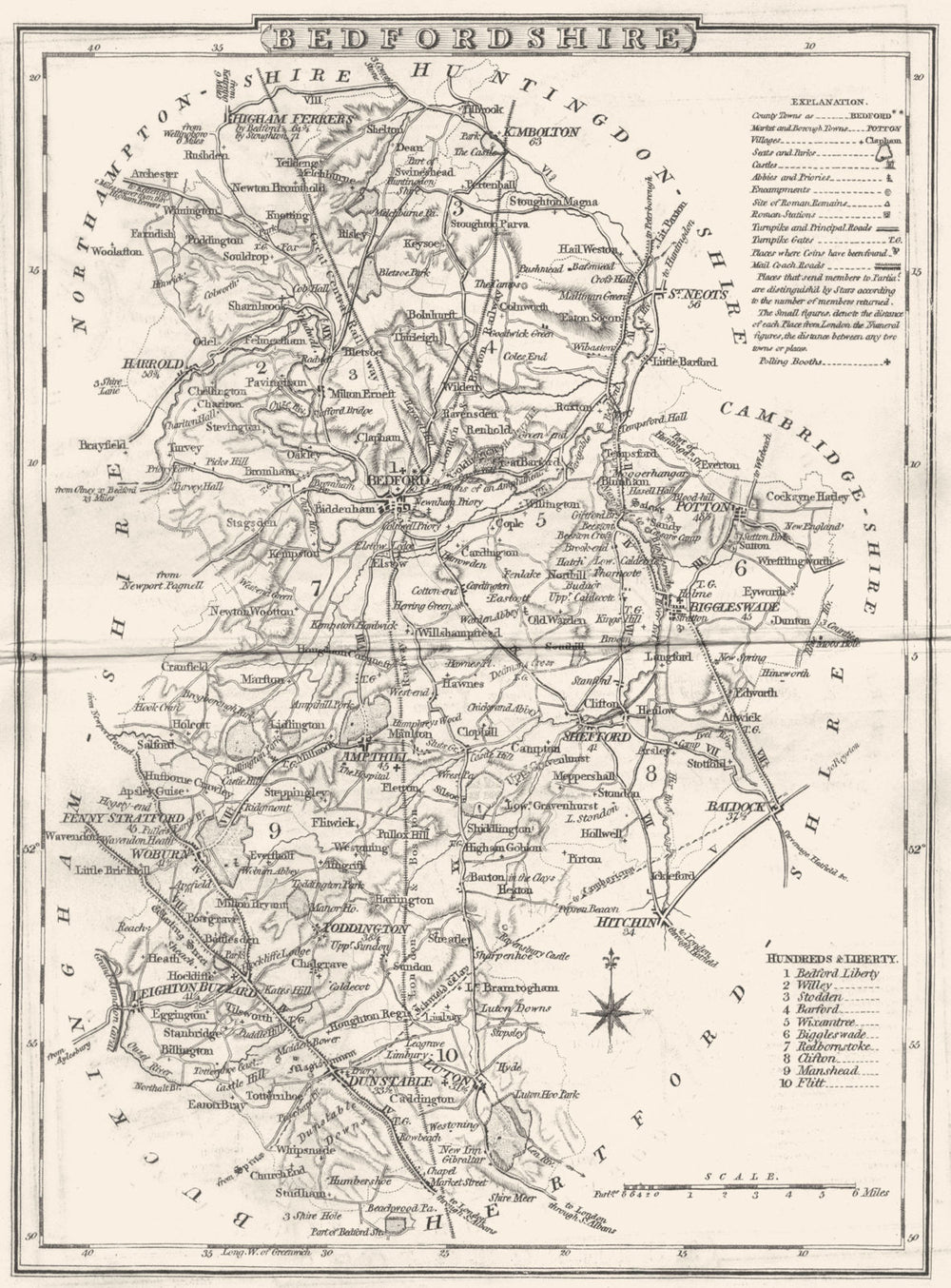 BEDFORDSHIRE. County map. Polling places. Coach roads. DUGDALE 1845 old