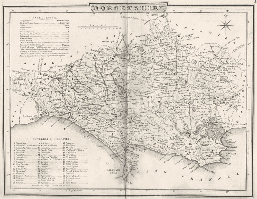 DORSET. County map. Polling places. Coach roads. DUGDALE 1845 old antique