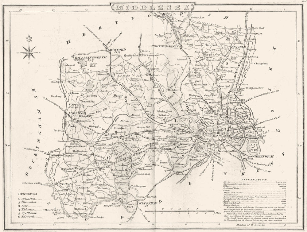 MIDDLESEX. County map. Polling places. Coach roads. DUGDALE 1845 old