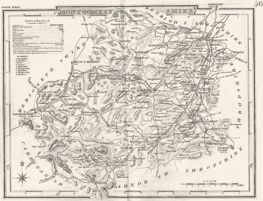 MONTGOMERYSHIRE. County map. Polling places. Coach roads. DUGDALE 1845 old