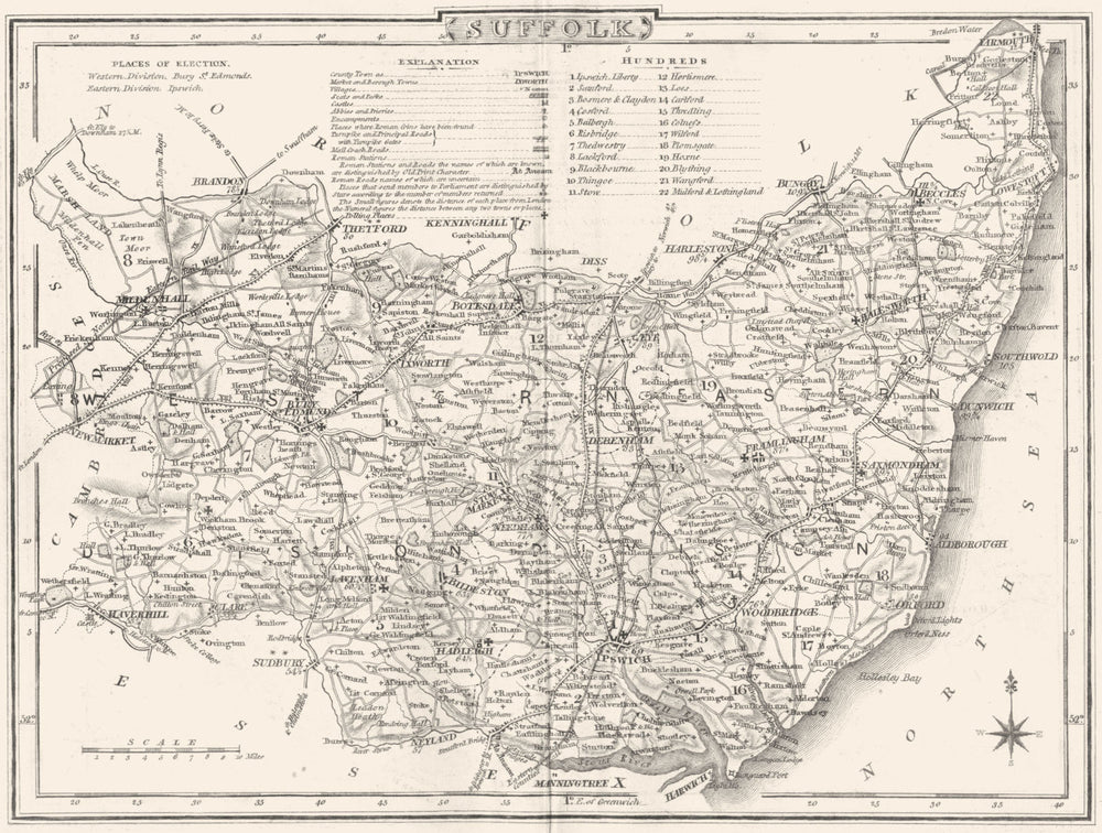 SUFFOLK. County map. Polling places. Coach roads. DUGDALE 1845 old antique