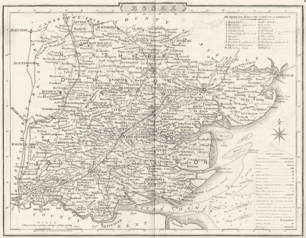 ESSEX. County map. Polling places. Coach roads. DUGDALE 1845 old antique