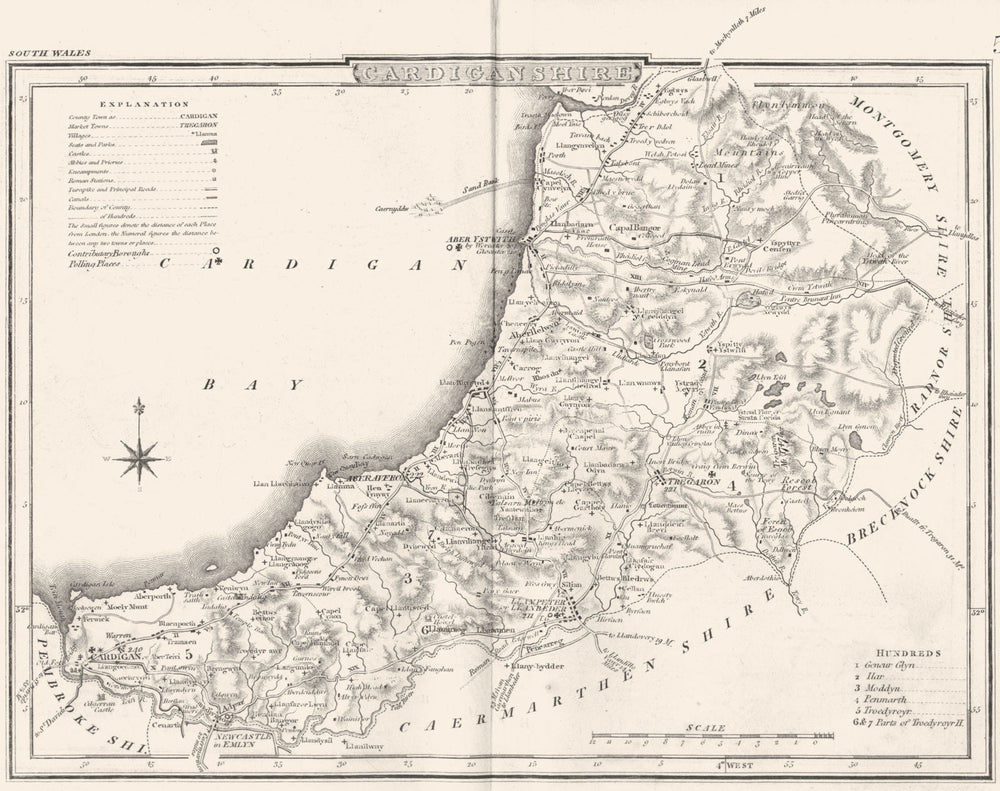 CARDIGANSHIRE. County map. Polling places. Coach roads. DUGDALE 1845 old
