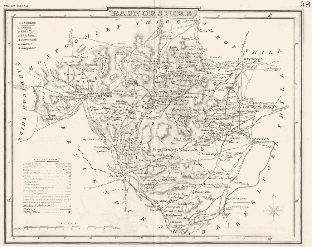RADNORSHIRE. County map. Polling places. Coach roads. DUGDALE 1845 old