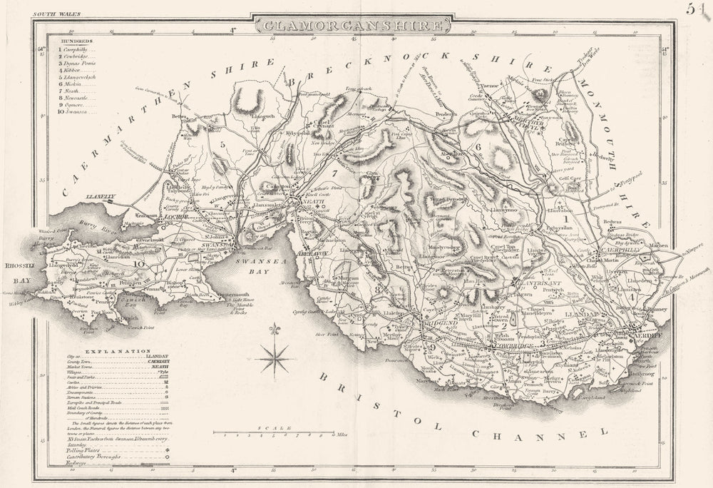 GLAMORGANSHIRE. County map. Polling places. Coach roads. DUGDALE 1845 old