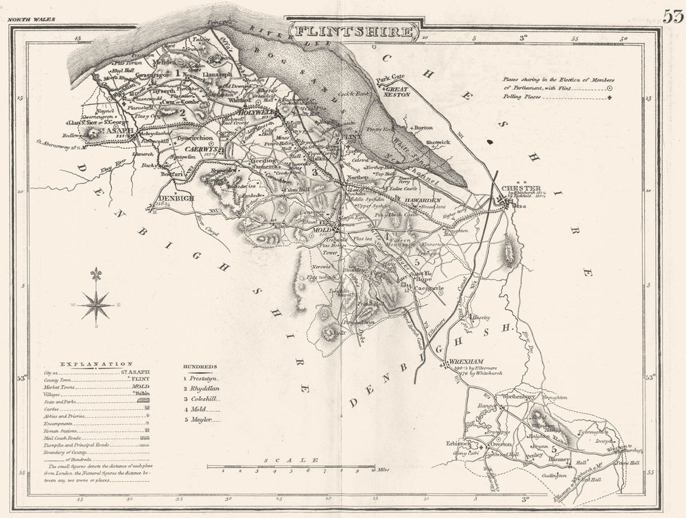 FLINTSHIRE. County map. Polling places. Coach roads. DUGDALE 1845 old