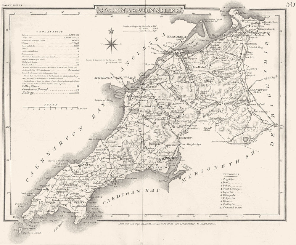 CAERNARVONSHIRE. County map. Polling places. Coach roads. DUGDALE 1845 old