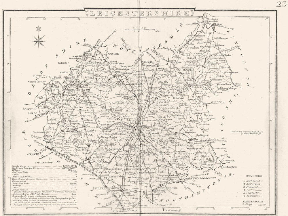 LEICESTERSHIRE. County map. Polling places. Coach roads. DUGDALE 1845 old
