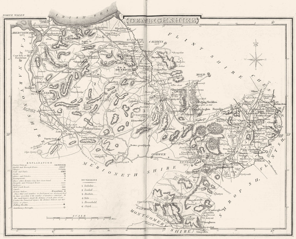DENBIGHSHIRE. County map. Polling places. Coach roads. DUGDALE 1845 old