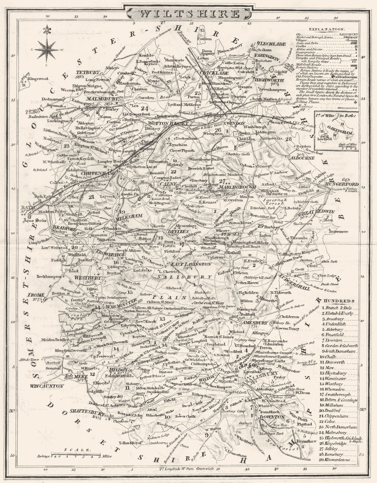 WILTSHIRE. County map. Polling places. Coach roads. DUGDALE 1845 old ...