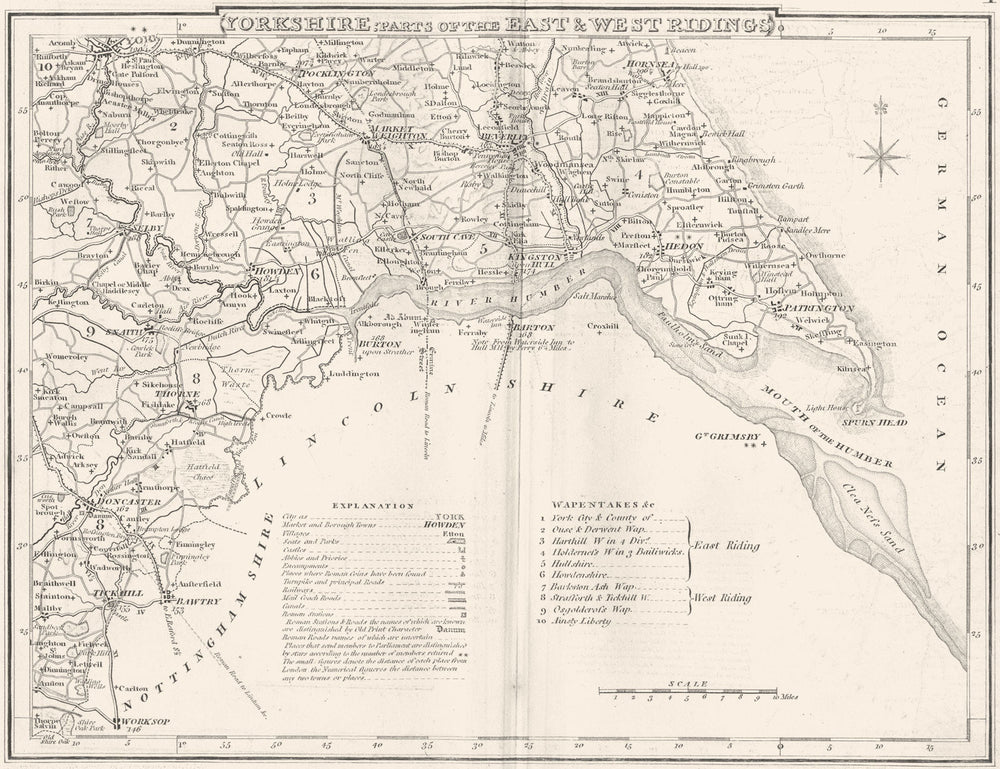 YORKSHIRE EAST/WEST RIDINGS. County map.Polling places Coach roads. DUGDALE 1845