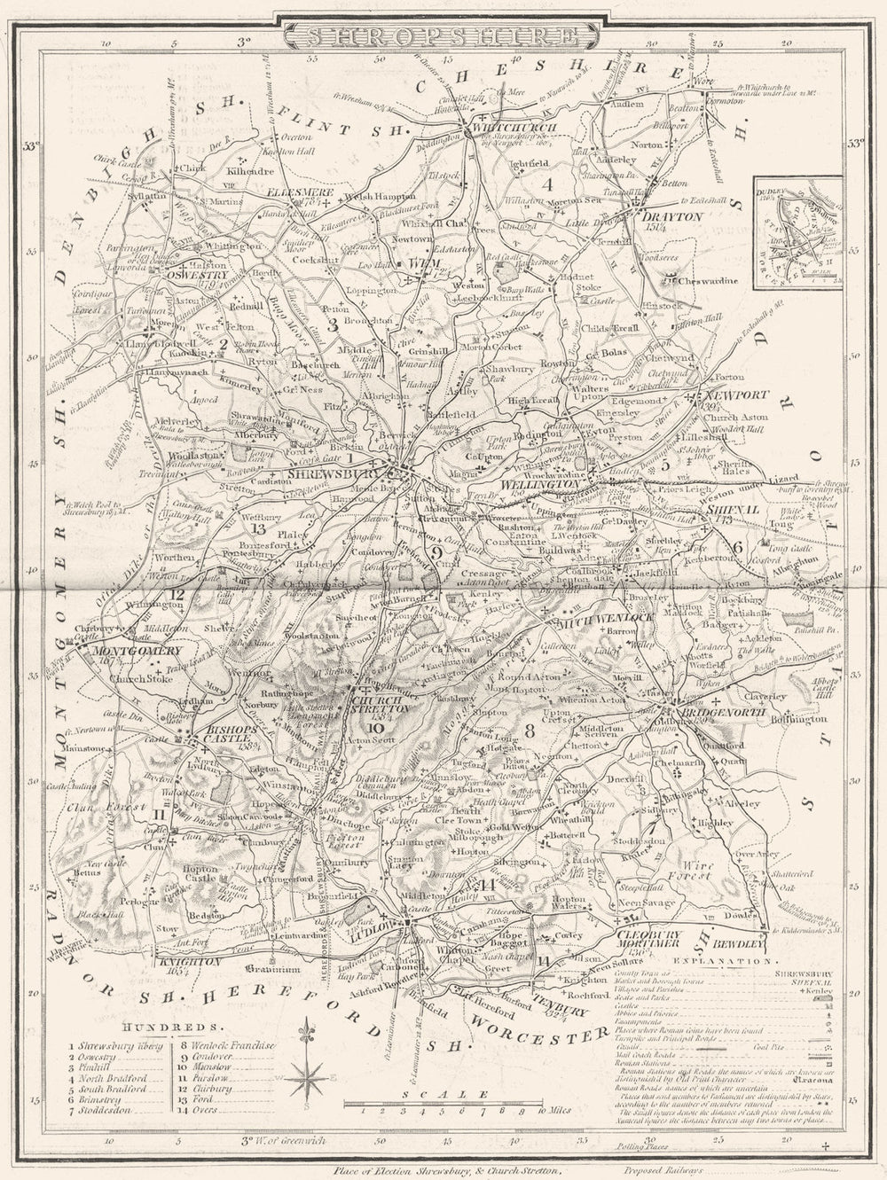 SHROPSHIRE. County map. Polling places. Coach roads. DUGDALE 1845 old